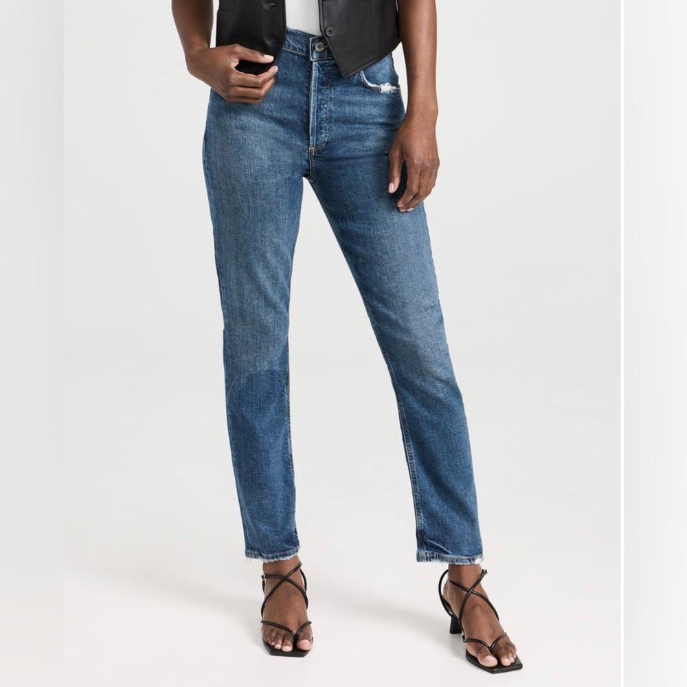 AGOLDE Riley Long Dark Wash High Rise Button Fly Straight Leg Denim Jeans 25